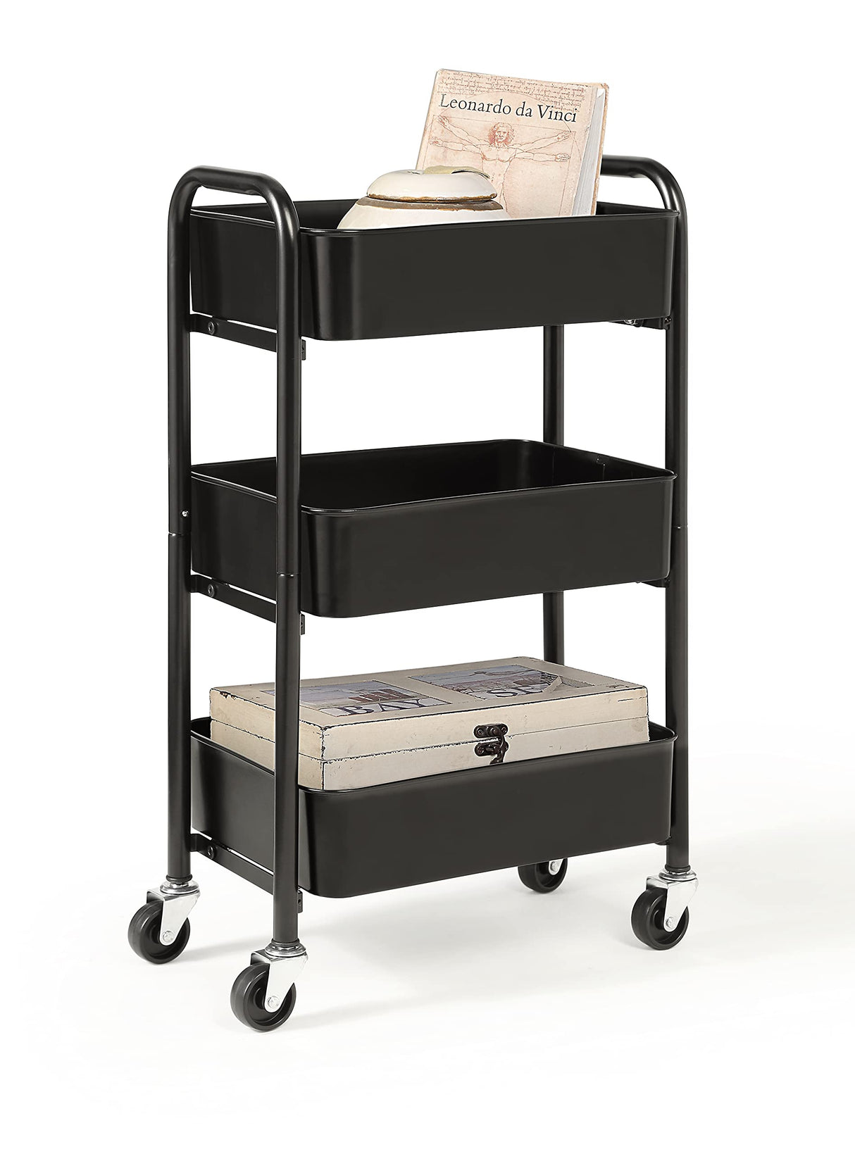 SunnyPoint 3-Tier Delicate Compact Rolling Metal Storage Organizer - Mobile Utility Cart Kitchen/Under Desk Cart with Caster Wheels (BLK, Compact (15.5" X 26.8" X 10.27")) SunnyPoint