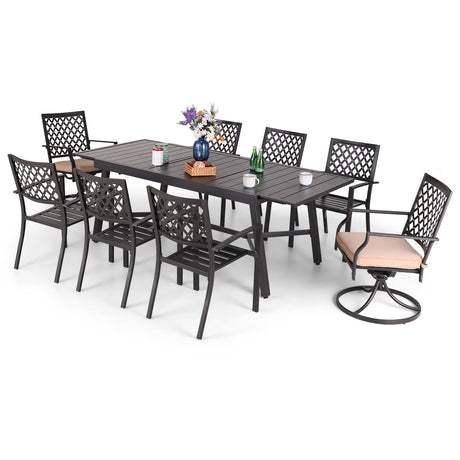 MFSTUDIO 9PCS Outdoor Patio Dining Set, Outdoor Table Chair Set with 1 Large Rectangular Expandable Table, 8 Armrest Chairs Include 6 Fixed and 2 Swivel Chair with Removable Cushions MFSTUDIO