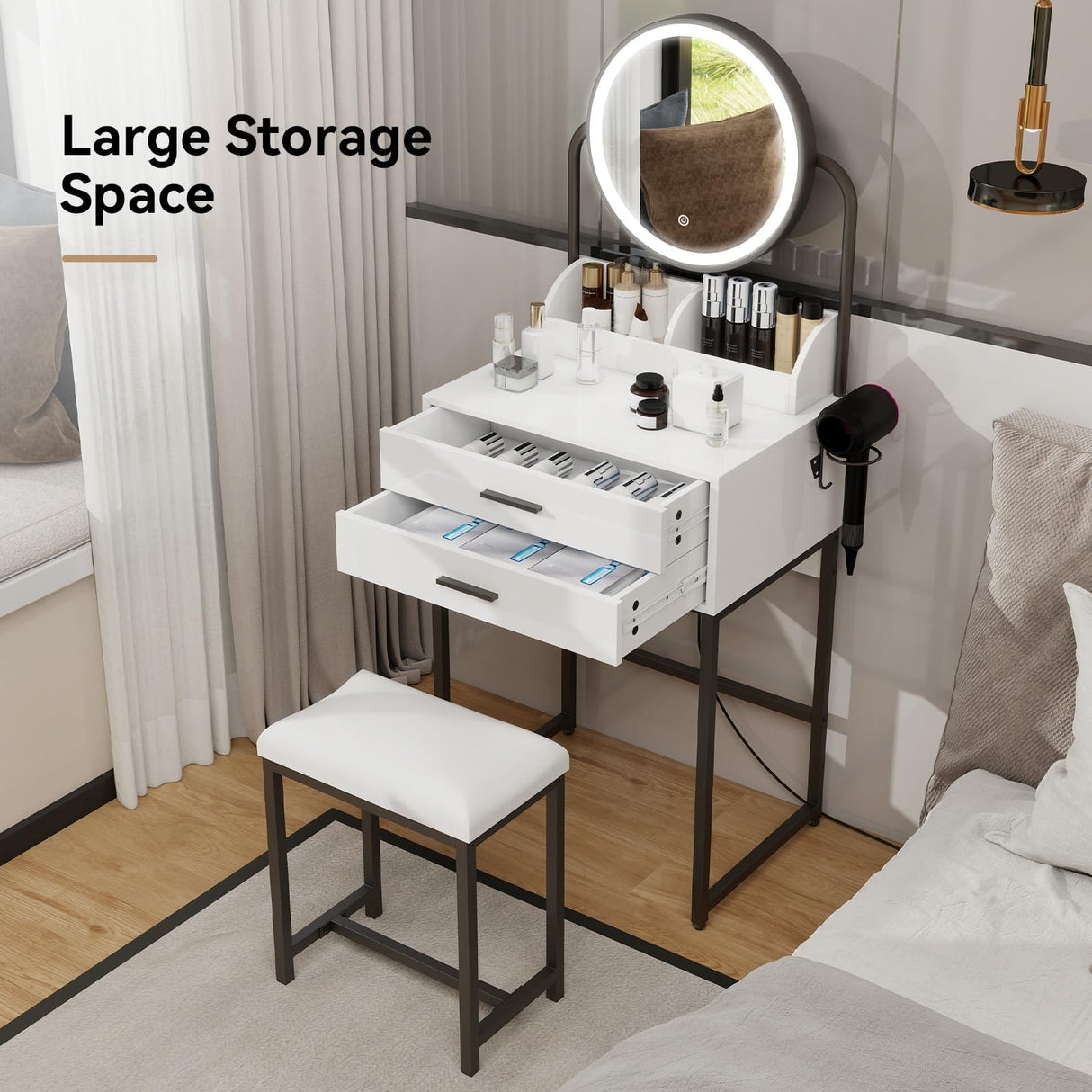 ARTETHYS Small Vanity Desk with Mirror and Lights Compact Makeup Vanity Set with Drawers for Bedroom Mini White Modern Dressing Table with Chair ARTETHYS