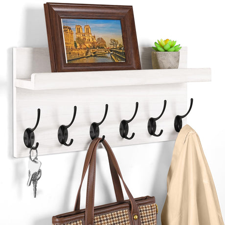 HRONRAD Shelf with Hooks, Coat Rack Wall Mount with 6 Double Metal Hooks, 17 Inch Farmhouse Wall Hooks with Shelf for Entryway, Bathroom, Kitchen, White HRONRAD