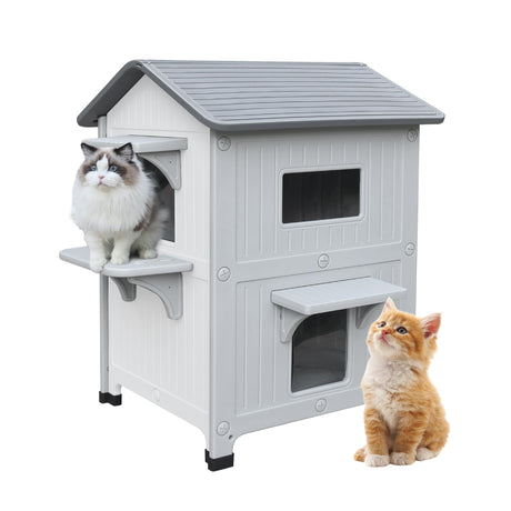 CSQOO Plastic 2 Story Outdoor Cat House with Escape Door, Waterproof Cat House for Feral Cats for Outdoor Indoor Use, Sturdy Cat Houses for Outdoor Cats, Clean & Assemble Easily(White) CSQOO