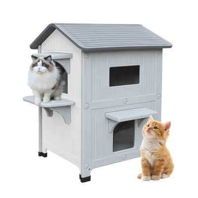 CSQOO Plastic 2 Story Outdoor Cat House with Escape Door, Waterproof Cat House for Feral Cats for Outdoor Indoor Use, Sturdy Cat Houses for Outdoor Cats, Clean & Assemble Easily(White)
