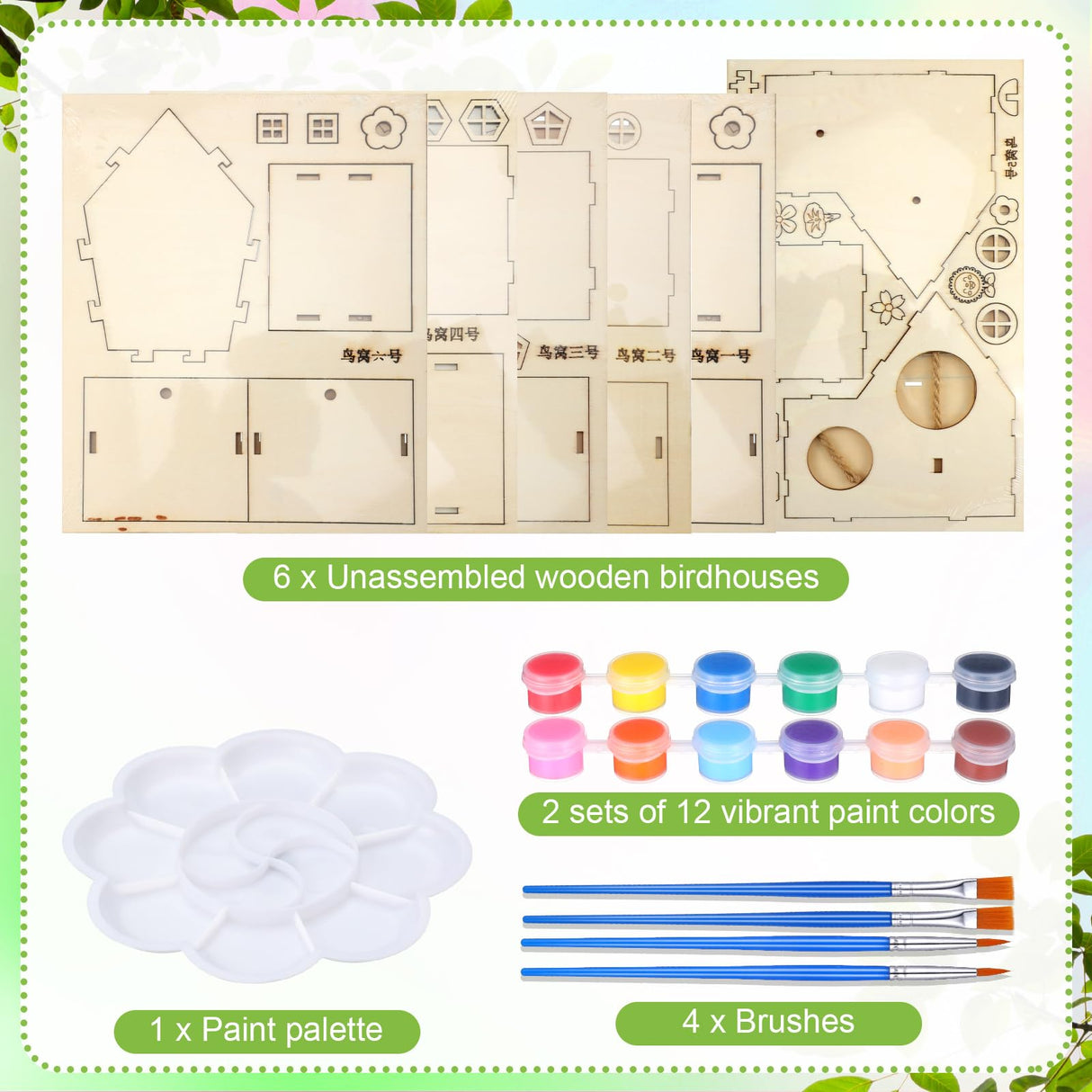 Colingmill 6 Pcs DIY Bird House Wooden Kits for Kids to Paint and Built Unfinished Wood Birdhouse Art Crafts with Paints and Brushes for Kids Girls Boys Toddlers Gifts Colingmill