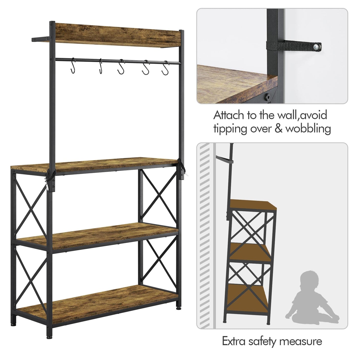 Yaheetech Kitchen Bakers Rack with Storage, 36.5" Width Utility Storage Shelf Coffee Bar with 5 Hooks, Large Microwave Stand for Kitchen, Dining Room, X Designed, Rustic Brown