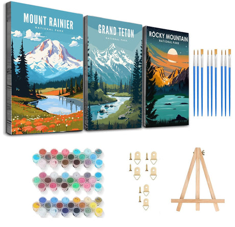 HOIYLDS 3 Pack Paint by Number for Adults Framed Canvas, National Park DIY Arts and Crafts for Adults Beginner with Wooden Easel, Paint Brushes, Acrylic Paint Set for Home Wall Decor, 9 * 12 Inch HOIYLDS