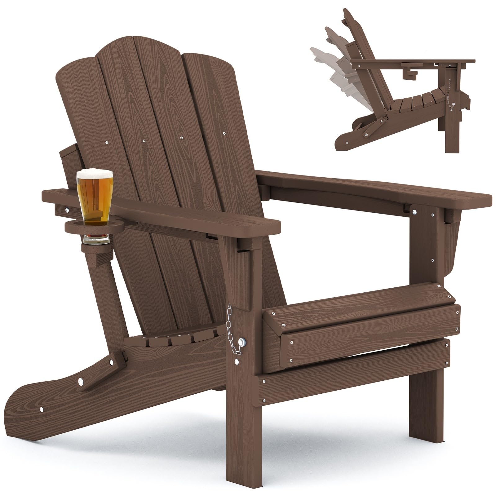 KINGYES Adjustable Folding Adirondack Chair, HDPE Reclining Adirondack Chair with Cup Holder, All Weather Resistance Embossing Oversize Adirondack Outdoor Chair, Brown - WoodArtSupply