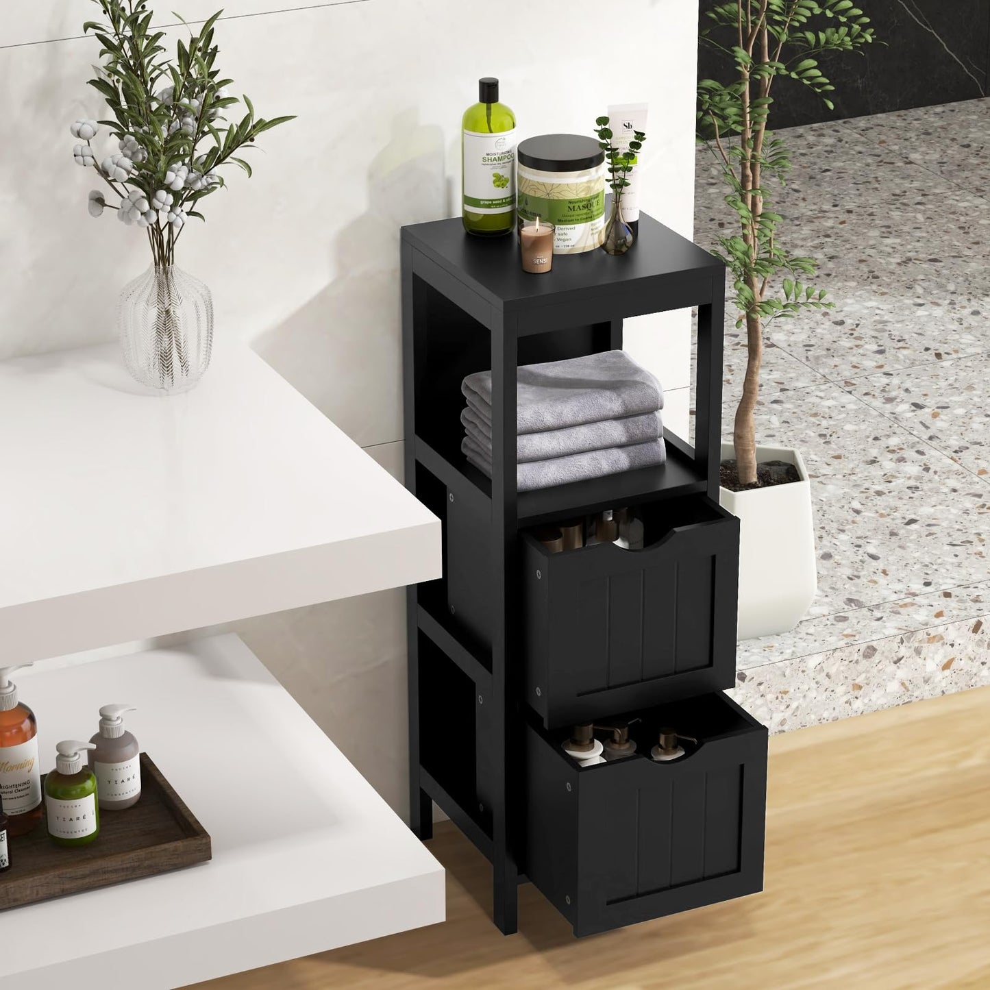 Tangkula Black Small Bathroom Storage Cabinet with 2 Removable Drawers - WoodArtSupply