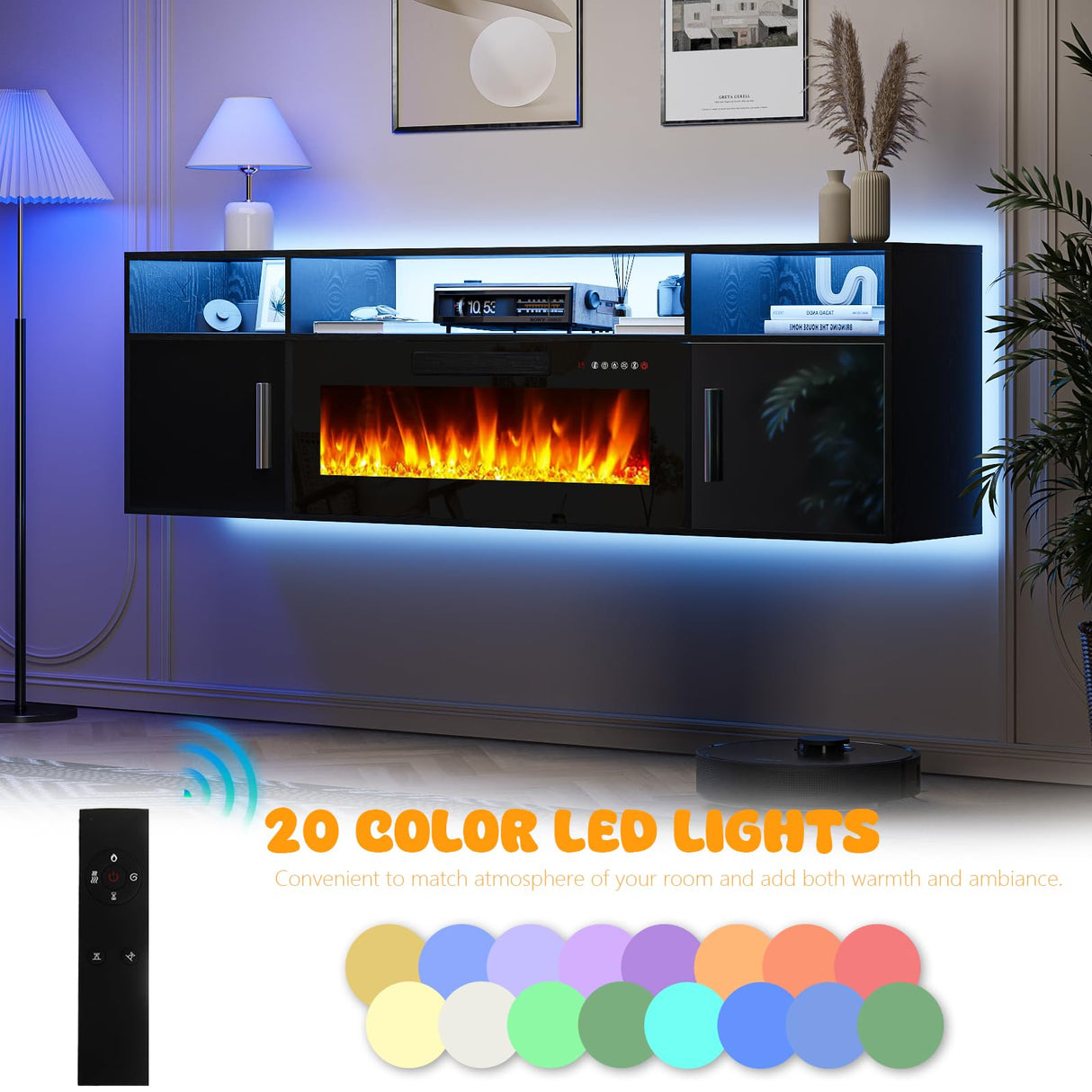 LEMBERI Floating Fireplace TV Stand 70'' Wall Mounted Shelf, LED Light Entertainment Center and Storage, Modern Wood Media TV Console with Highlight Cabinet for Living Room (Black) LEMBERI