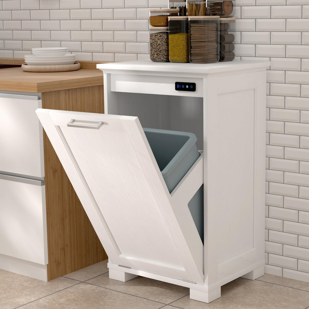 Ymise Tilt Out Trash Cabinet, 10-Gallon Trash Can Cabinet with Deodorising Function, Wooden Freestanding Garbage Can Cabinet for Home and Kitchen Hidden Laundry Hamper Cabinet, White Ymise