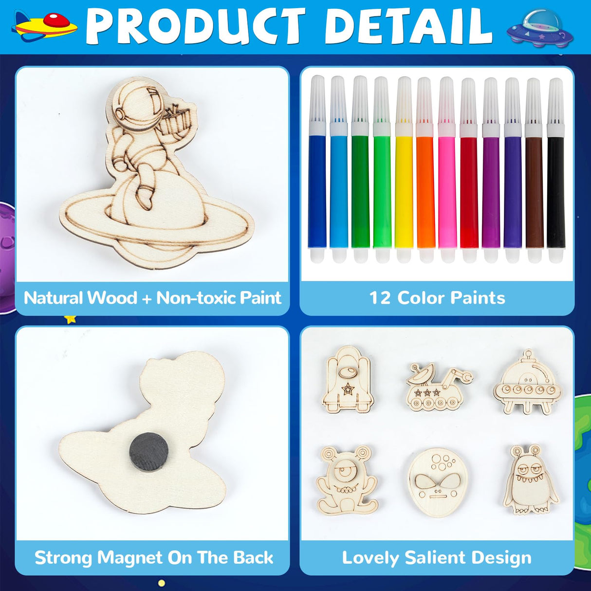 36 Outer Space Wooden Magnet Painting Craft Kit DIY Kids Astronaut Arts Crafts Painting Kit for Kids DIY Creativity Art Supplies for Boys Girls Party Favor Ages 4-8 8-12 Birthday Summer Crafts Gifts gisgfim