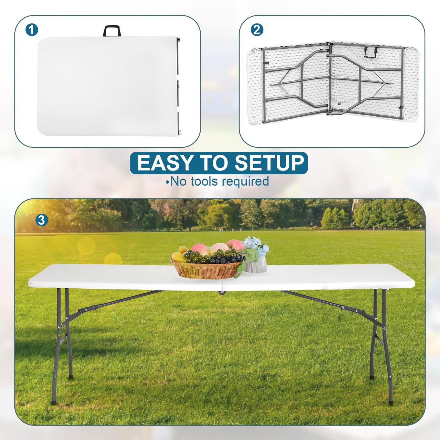 Ruesleag 8FT Folding Table Plastic Camping Table Portable Picnic Table for Easy Storage, Ideal for Outdoors Camping, Picnics, Parties Wedding & Indoor Events with Carrying Handle,White - WoodArtSupply