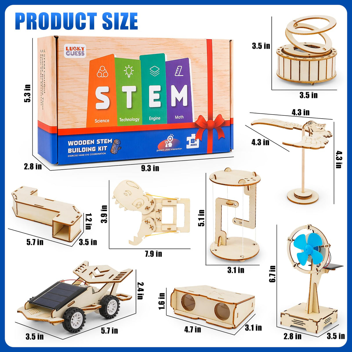 8 in1 STEM Science Kit for Kids Age 8-14, Wooden Physics Experiments & Solar Engineering Kits, Build Solar Car, Anti-Gravity Device, Telescope, Periscope & Dinosaur Claw, Gifts for Boys Girls LUCKY GUESS