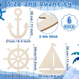 Burbell 6 Pack Large 11 Inches Unfinished Nautical Wood Cutouts for Crafts Unfinished Wooden Anchor Ship Wheel Boat for DIY Projects Nautical Party Decorations Burbell