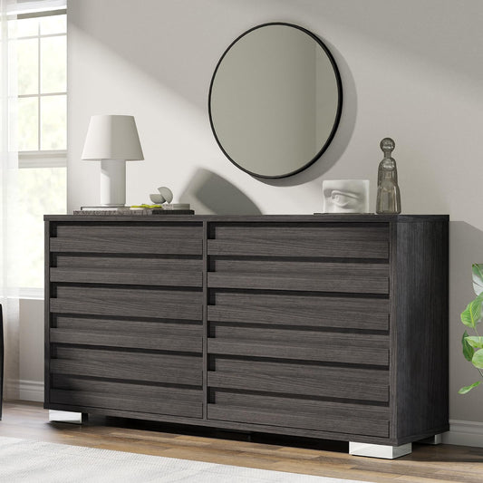 AMERLIFE 6 Drawers Dresser for Bedroom, 54" Wide Chest of Drawers with Slat Handle, Farmhouse Wooden Dresser for Bedroom, Living Room, Black