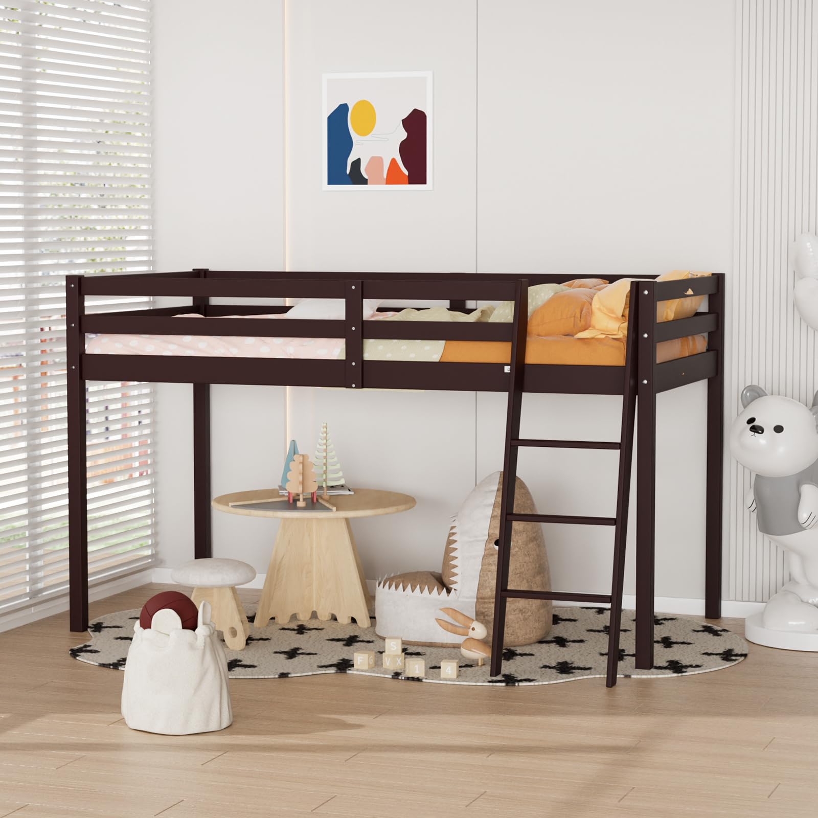 Bonnlo Twin Low Loft Bed with Inclined Stairs and High Guard Rail - Espresso Solid Wood Design - WoodArtSupply