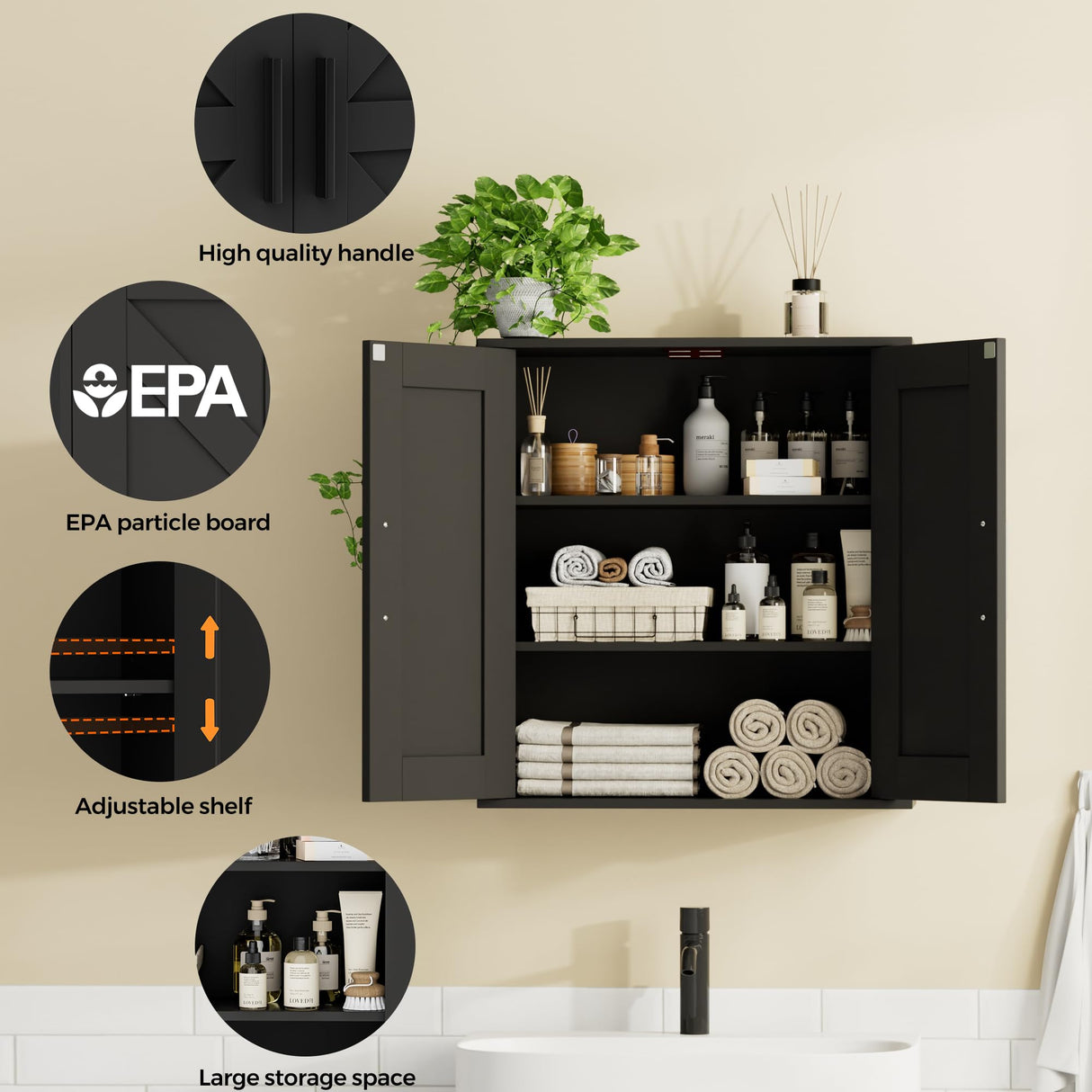 Homleke Bathroom Wall Cabinet, Over Toilet Storage Cabinet with Barn Doors and Adjustable Shelves, 3-Tier Medicine Cabinet Wall Mounted, for Bathroom, Kitchen, Entryway, Laundry Room, Black, (7.9" D) Homleke