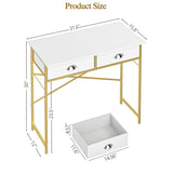 Small Vanity Desk No Mirror for Kids Bedroom, 31.5 Inch Vanity Table with Drawers, Makeup Vanity Desk for Narrow Spaces, White and Gold(No Mirror) ThreeHio