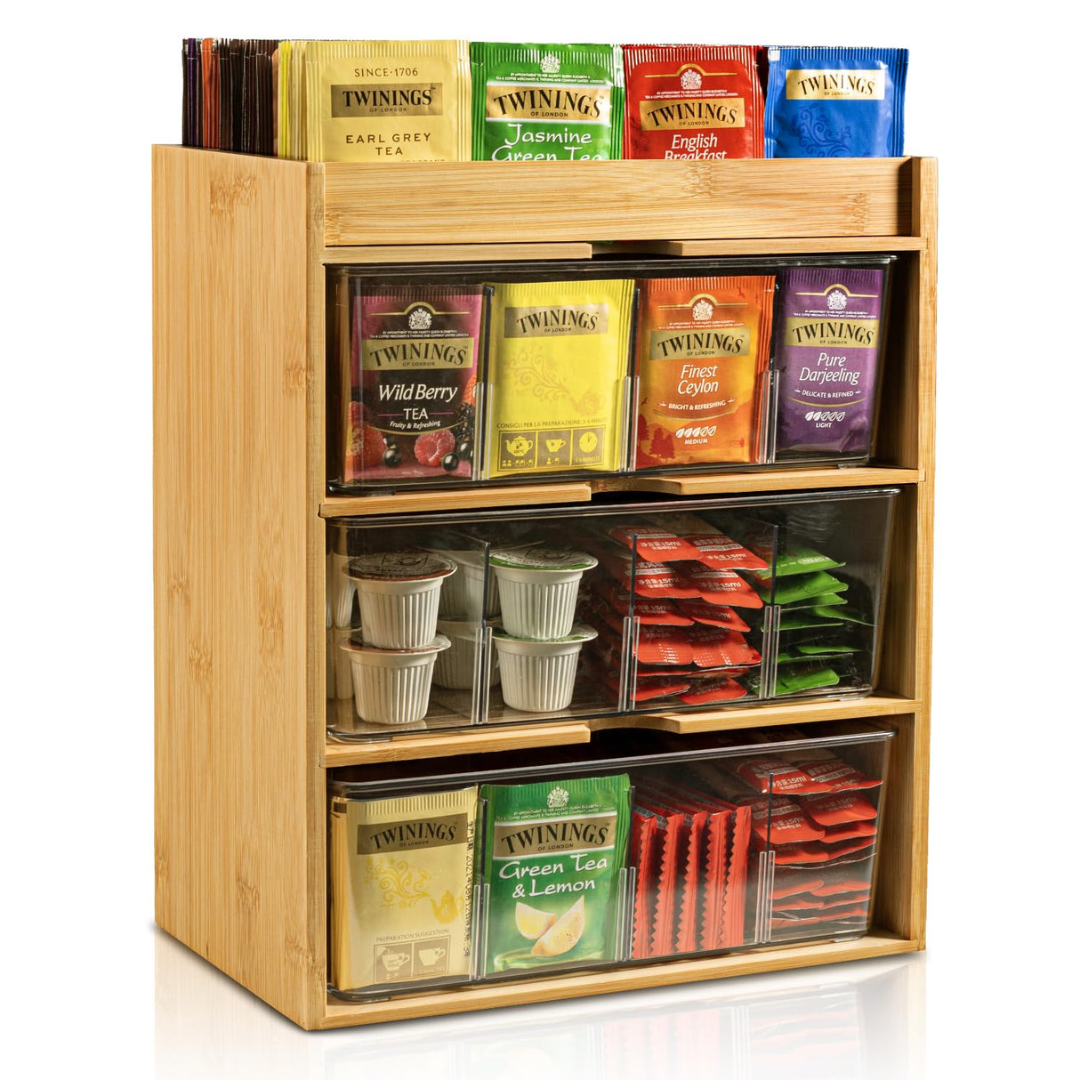 TIMIEEYA Tea Bag Organizer - Bamboo Tea Storage Organizer With Drawer 3 Layer, Tea Organizer for Tea Bags Natural Wood & Acrylic for Countertop Office Kitchen Cabinet Pantry TIMIEEYA