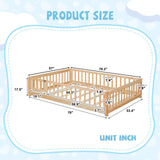 A ALFRESCOOL Full Size Montessori Floor Bed with Safety Fence & Convertible Door, Pine Wood Toddler Floor Bed Frame with Support Slats and Full-Length Guardrails for Kids Girls Boys (Natural) A ALFRESCOOL