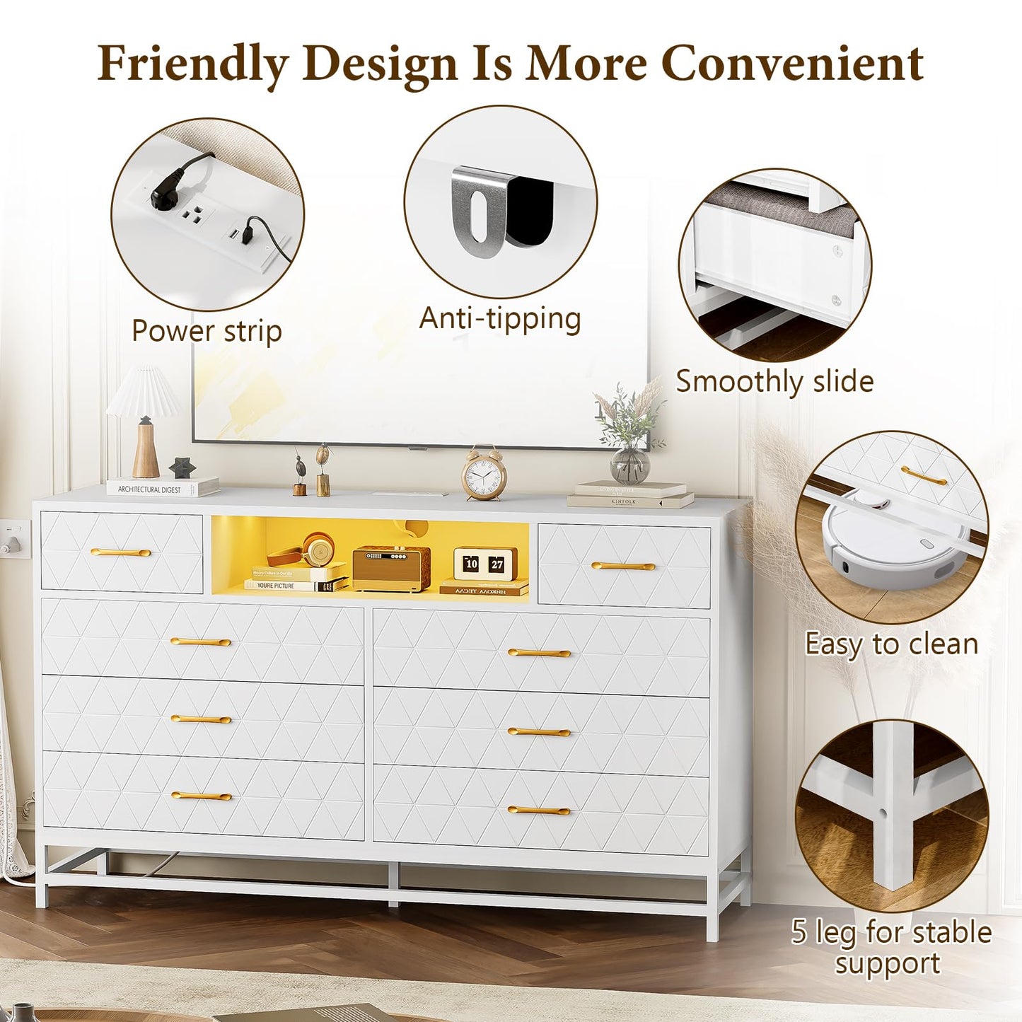 Patikuin White Dresser for Bedroom, 8 Drawer Dresser with Power Outlet, 55" Tv Stand Large Dresser Wooden with Led Light, Modern Dressers with Deep Drawers, Big Wide Chest of Drawers Storage Dresser