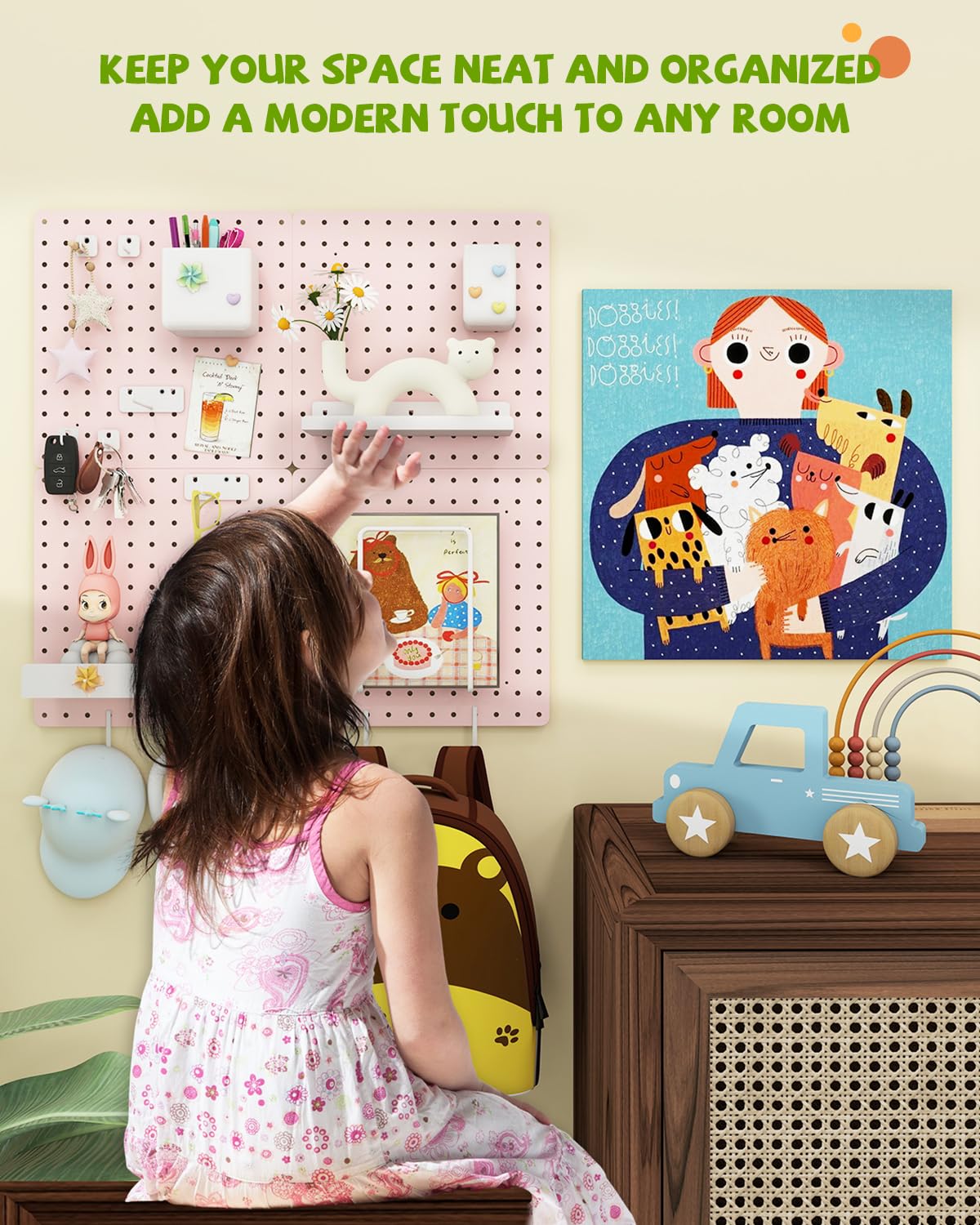 Soubeoii Metal Pegboard Combination Kit — 4 Carbon Steel Pegboards with 26 Accessories, Pegboard Wall Organizer for Home, Office, Study Room, Kitchen, Garage & Craft Room — 24″ × 24″ Pink Peg Board Soubeoii