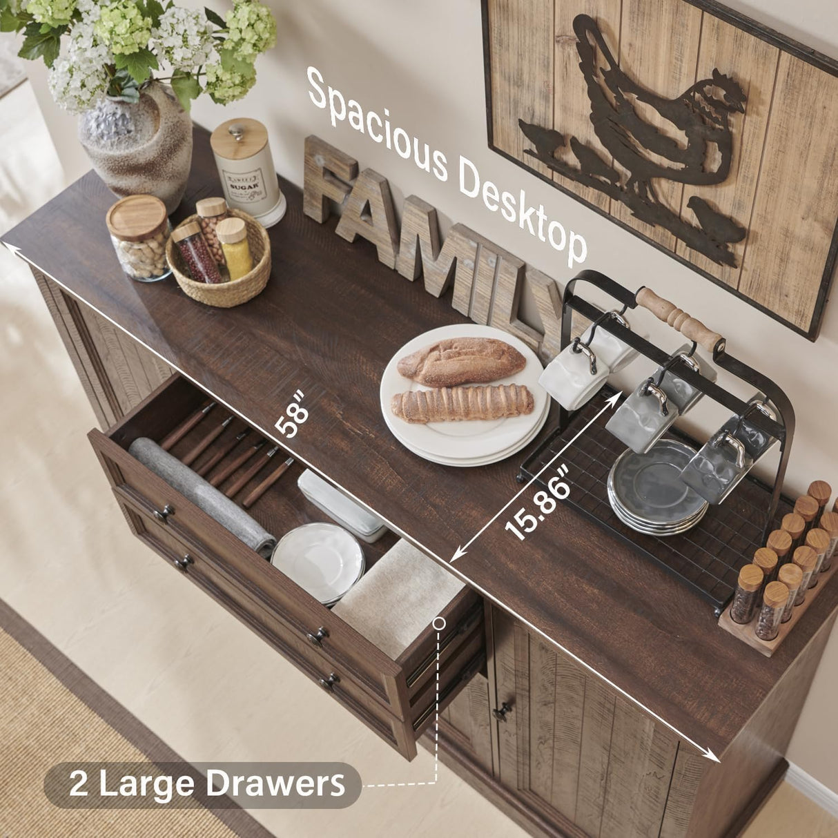IFGET Farmhouse Sideboard Buffet Cabinet with Storage, 58'' Large Coffee Bar Stroage Cabinet with 2 Drawers and 4 Doors, Wood Rustic Accent Cabinet for Dinning Room, Hallway, and Living Room, Brown IFGET
