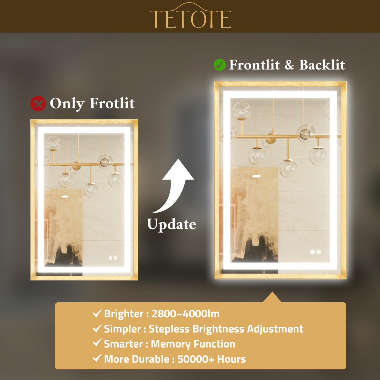 TETOTE 22 x 30 Bathroom LED Mirror Brushed Gold Metal Frame Frontlit & Backlit Vanity Mirror Anti-Fog Stepless Dimmable 3 Colors White/Warm/Natural Mirror with Lights Wall-Mounted TETOTE