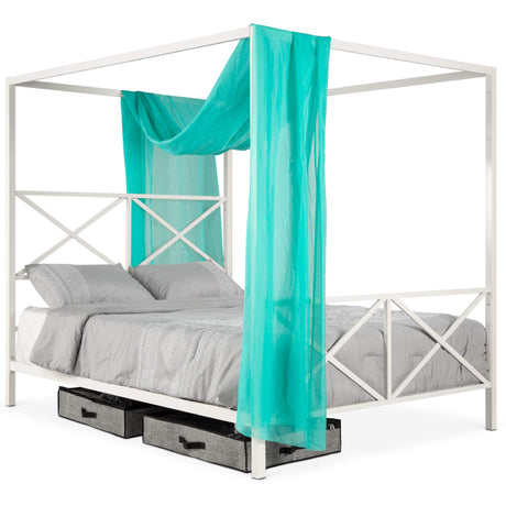 Best Choice Products 4-Post Queen Size Modern Metal Canopy Bed w/Mattress Support, Built-in Headboard, Footboard, Classic, Customizable Design - White Best Choice Products