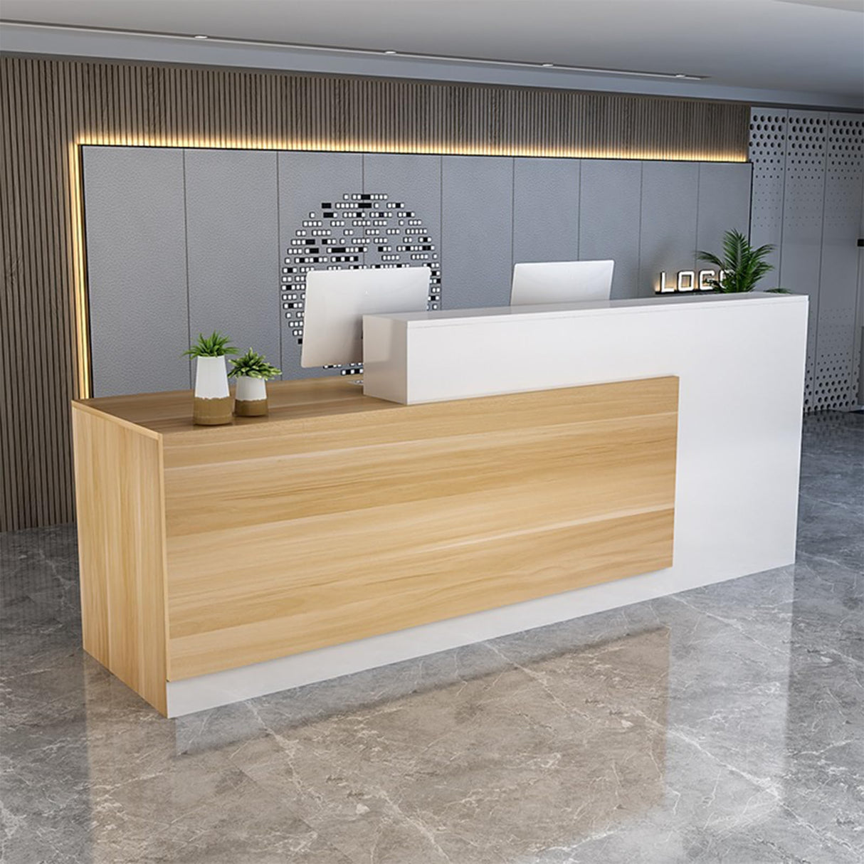 L-Shaped Reception Desk with Counter, Lockable Drawers & Storage, Modern Front Desk Reception Counter 47–118 Inch, Office Salon Checkout Receptionist Desk Wood + White Right 78.7 x 23.6 x 39.4 in Tazyee