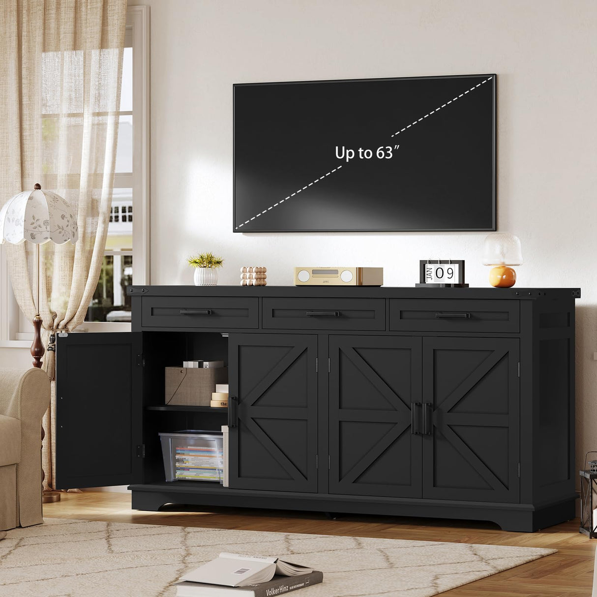 usikey Buffet Cabinet, 63” Large Sideboard Buffet Storage Cabinet with 3 Drawers, Farmhouse Coffee Bar with 4 Doors, for Kitchen, Living Room, Black usikey