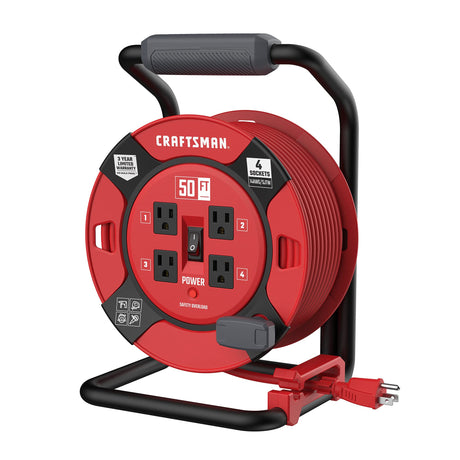 CRAFTSMAN Retractable Extension Cord Reel 50 Ft. With 4 Outlets & Heavy Duty 14AWG SJTW Cable CRAFTSMAN