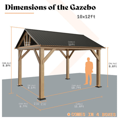 AMERLIFE 10x12 ft Wood Gazebo, Hardtop Gazebo with Metal Steel Gable Roof, Outdoor Gazebo with Guest House for Garden, Porch, Patio, Black + Natural Wood - WoodArtSupply