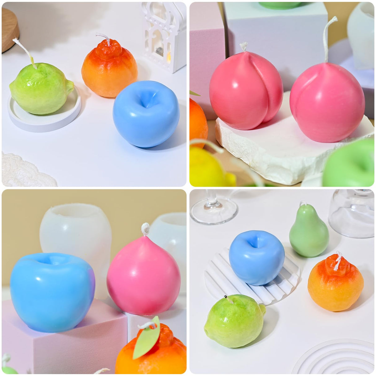 RESIN GO 5Pcs Fruit Candle Molds Set, 3D Apple, Pear, Orange, Lemon & Peach Silicone Molds for Candle Making, DIY Scented Wax Candle Soap Epoxy Resin Casting Polymer Clay Art Decor RESIN GO