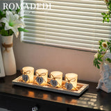 Romadedi Farmhouse Centerpiece Candle Holder Decor - Rustic Wooden Tray with 4 Glass Tealight Candles Holders for Coffee Table Home Decorations Living Room Fireplace Kitchen Housewarming Gifts Romadedi