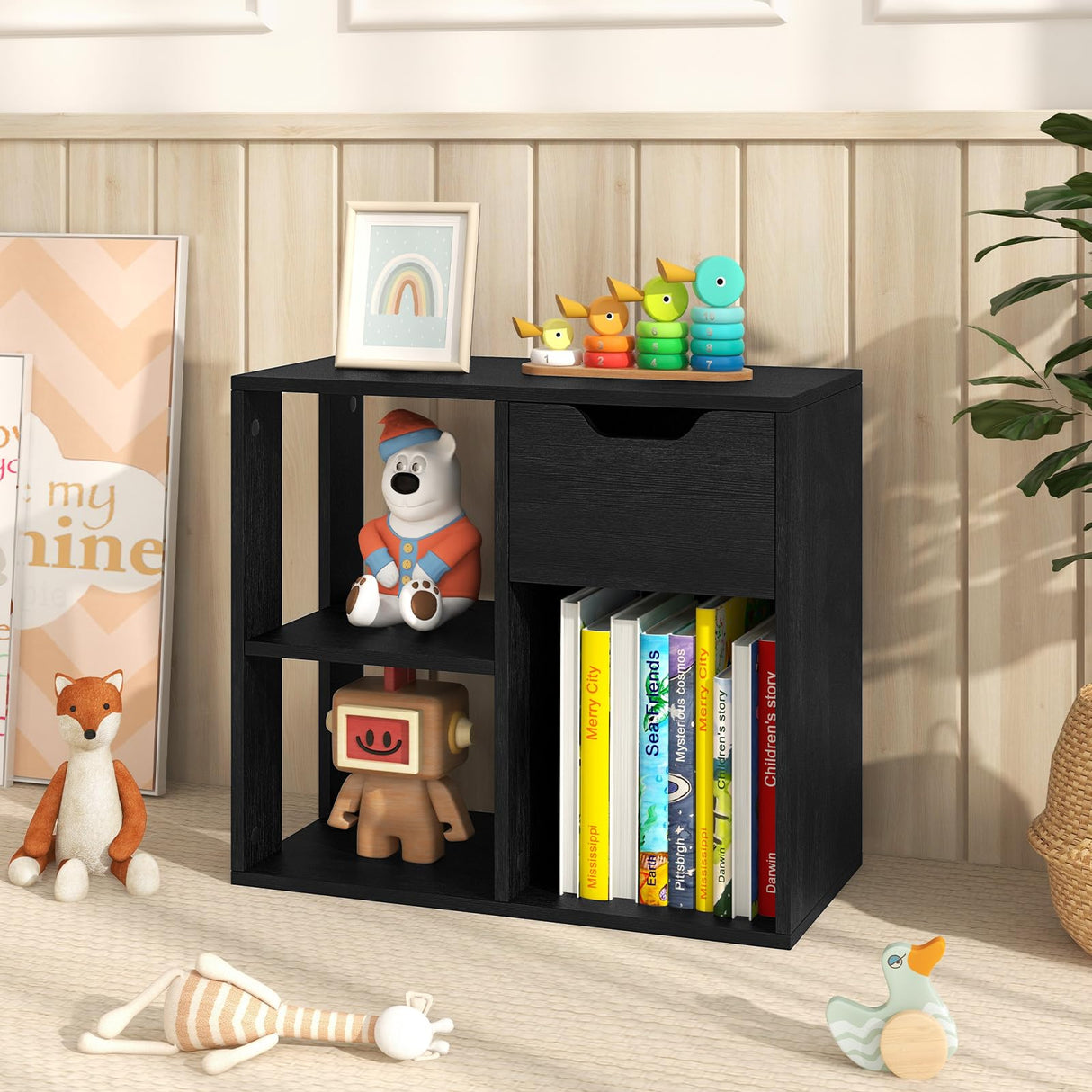 Giantex 3 Cube Bookcase with Drawer, 2 Tier Bookshelf for Small Spaces, Modern Freestanding Display Rack with Open Shelves, Book Case, Wood Cube Storage Organizer Bedroom Living Room, Black Giantex