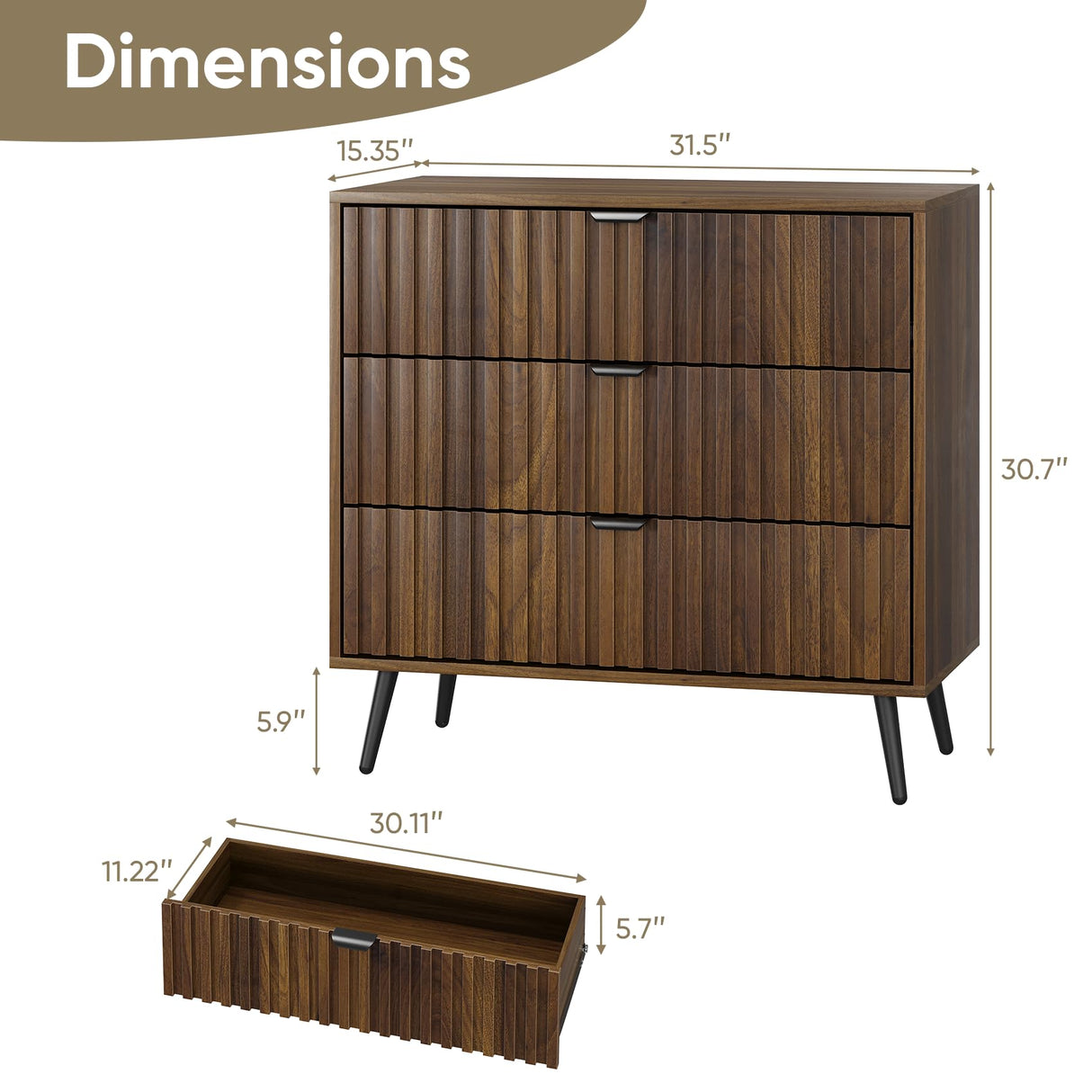 Smart FENDEE Fluted 3 Drawers Dresser, 31.5“ W Mid- Century Modern Wooden Chest of Drawers, Large Night Stand Organizer for Bedroom, Closet, Hallway, Entryway, Walnut Smart FENDEE