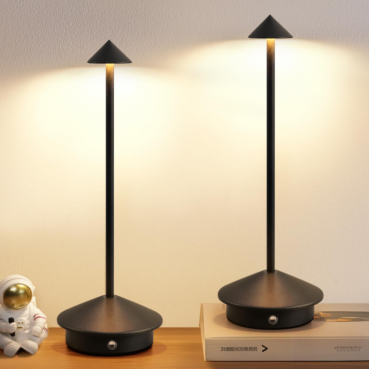 NEWSEE Modern Cordless Table Lamp Set of 2, Portable LED Desk Lamps, 5000mAh Rechargeable Battery Operated Lighting for Bedroom Dining Room Restaurant Coffee Shop Camping Night Light (Black) NEWSEE