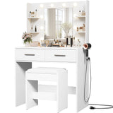 Furmax Make up Vanity Desk with Mirror and Power Outlet, Vanity with 3 Color Light Options Adjustable Brightness,Vanity Desk with 2 Drawers, 6 Storage Shelves (White, with Bench) Furmax