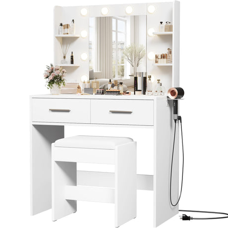 Furmax Make up Vanity Desk with Mirror and Power Outlet, Vanity with 3 Color Light Options Adjustable Brightness,Vanity Desk with 2 Drawers, 6 Storage Shelves (White, with Bench) Furmax