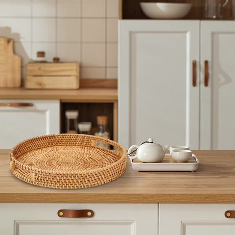 Whalehub Round Rattan Serving Tray with Handles,2 Hand Woven Basket, Home Decor Organizer Tray for Breakfast, Tea, Snack, Fruit, Coffee, Storage (Large + Medium)(14.17inchX2.3inch+11.9inchX1.7inch Whalehub