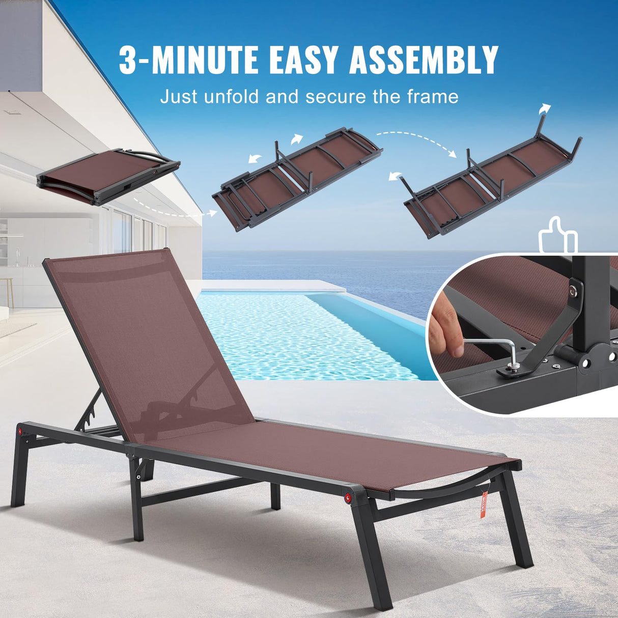 VEVOR 2 Pcs Chaise Lounge Chairs Outdoor, Aluminum Patio Lounge Chair with Adjustable 5-Position, Folding Pool Chairs Recliner and Full Flat Tanning Chair for Patio, Beach, Pool, Brown, 2 pcs VEVOR