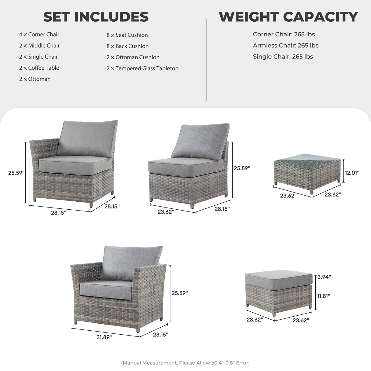 CAODOC 12 Pieces Outdoor Furniture Patio Sectional Sofa Couch Gray PE Wicker Conversation Sets with Ottomans Glass Coffee Table for Garden Poolside Backyard CAODOC