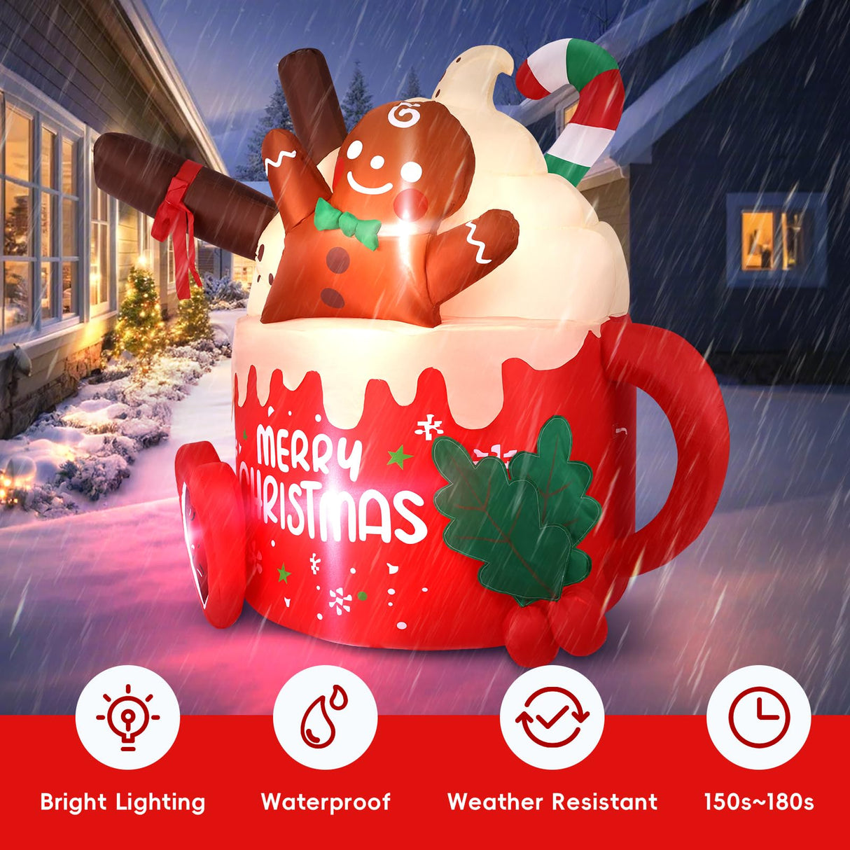 6.5 FT Christmas Inflatables Outdoor Decorations, Gingerbread Christmas Inflatable Hot Cocoa Mug with Built-in LEDs Blow Up Christmas Decoration for Garden Lawn Yard Patio Xmas Inflatable MGparty