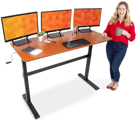 Stand Steady Tranzendesk | 55 Inch Standing Desk with Detachable Wheels | Crank Height Adjustable Sit to Stand Workstation | Modern Ergonomic Desk Supports 3 Monitors (Cherry) Stand Steady