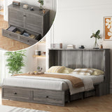 ADOWORE Queen Size Murphy Bed with Mattress Included, Cabinet Bed with Charging Station & Large Storage Drawer, Hideaway Full Foldable Platform Bed for Home Office or Guest Bedroom, Living Room,Grey ADOWORE