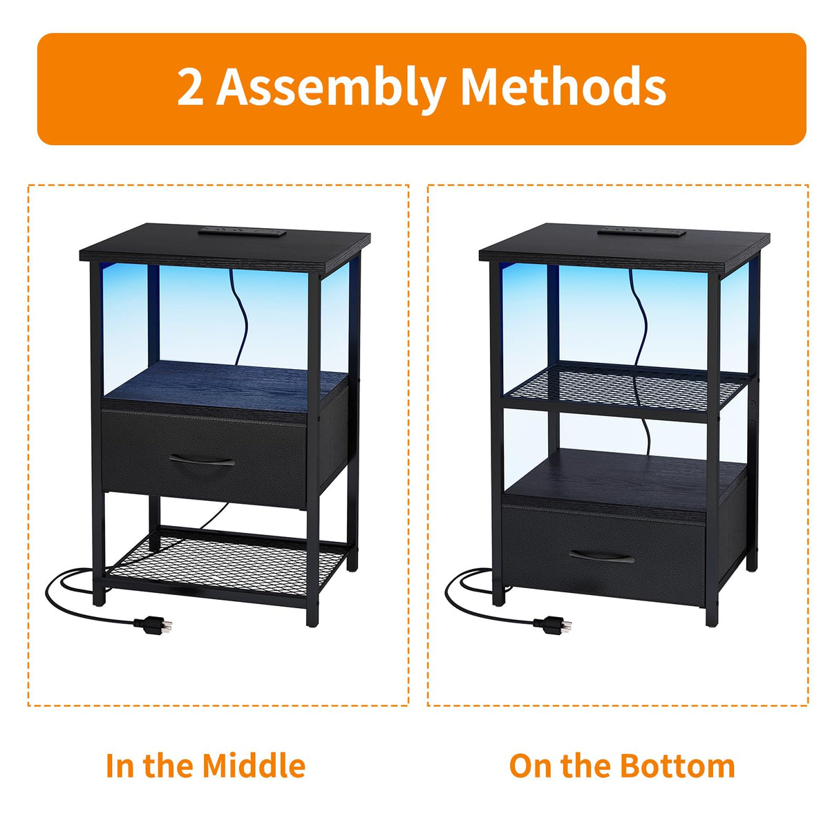 Fixwal Night Stand with Charging Station, LED Nightstand with Fabric Drawers, End Table with PU Finish, Bedside Table, Black Fixwal