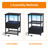 Fixwal Night Stand with Charging Station, LED Nightstand with Fabric Drawers, End Table with PU Finish, Bedside Table, Black Fixwal