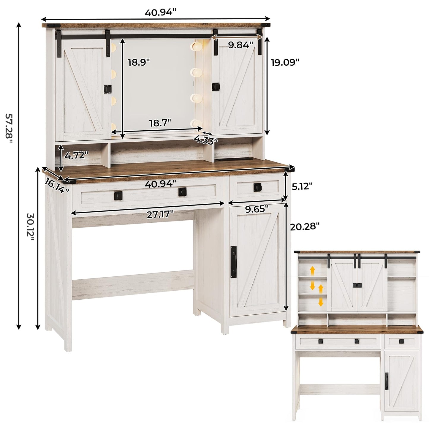 MSmask Farmhouse Vanity Desk with Lighted Mirror & Sliding Barn Doors, Makeup Vanity Table with Charging Station & Hidden Storage Shelves, Bedroom Vanity with 2 Drawers, 4 Hooks, Cabinet