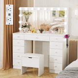 VOWNER Vanity with Lighted Mirror - Makeup Vanity Desk with 11 Drawers and Outlet, 3 Color Lighting Modes Adjustable Brightness, 46" Vanity Table with Soft Cushioned Stool for Bedroom, White VOWNER