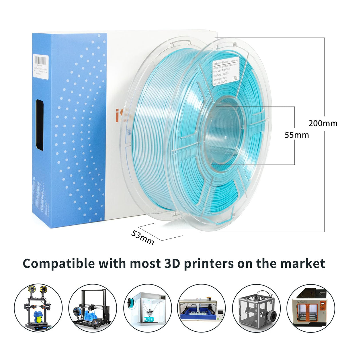 iSANMATE 3D Printer Filament, PLA Filament 1.75mm Dual Color Filament, Shiny Silk PLA Coextruded Filament, 1 kg/Spool (Lake Green and Silver) iSANMATE